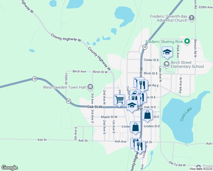 map of restaurants, bars, coffee shops, grocery stores, and more near 410 Pine Street in Frederic