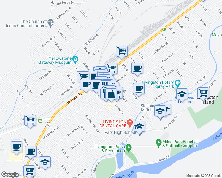 map of restaurants, bars, coffee shops, grocery stores, and more near 120 East Callender Street in Livingston
