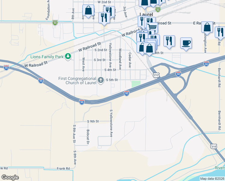 map of restaurants, bars, coffee shops, grocery stores, and more near 598 Yellowstone Avenue in Laurel