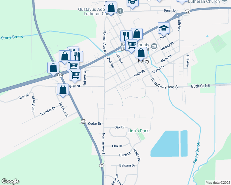 map of restaurants, bars, coffee shops, grocery stores, and more near 170 Main Street in Foley