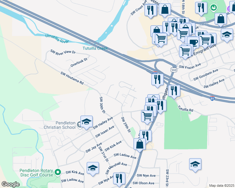 map of restaurants, bars, coffee shops, grocery stores, and more near 300 Southwest 28th Drive in Pendleton