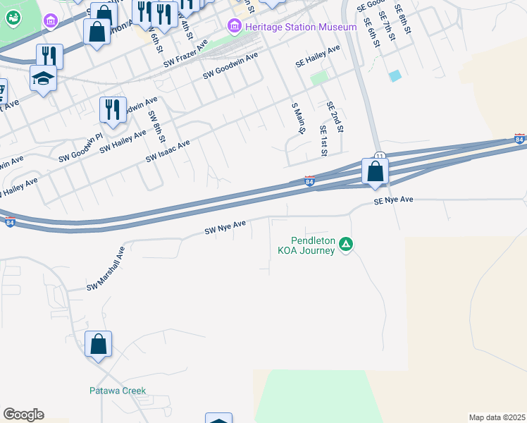 map of restaurants, bars, coffee shops, grocery stores, and more near 201 Southwest Nye Avenue in Pendleton