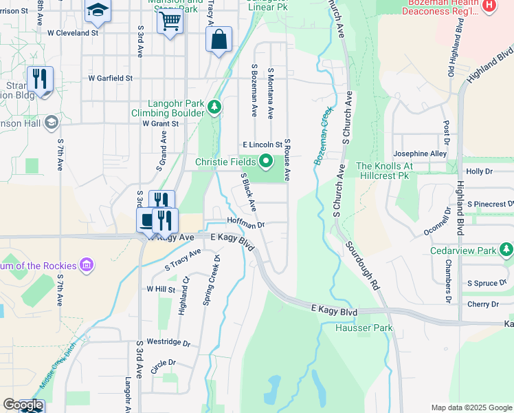 map of restaurants, bars, coffee shops, grocery stores, and more near 1708 South Black Avenue in Bozeman