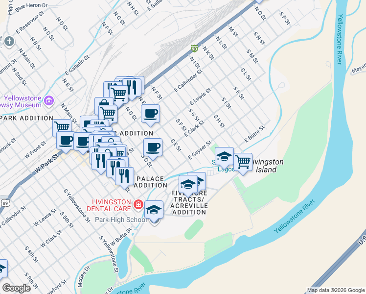 map of restaurants, bars, coffee shops, grocery stores, and more near 300-312 S E St in Livingston