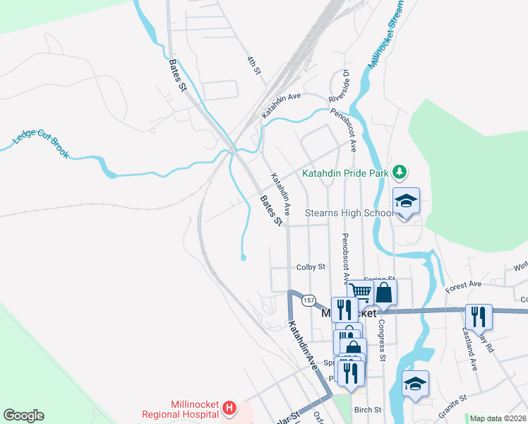 map of restaurants, bars, coffee shops, grocery stores, and more near 86 Bates Street in Millinocket