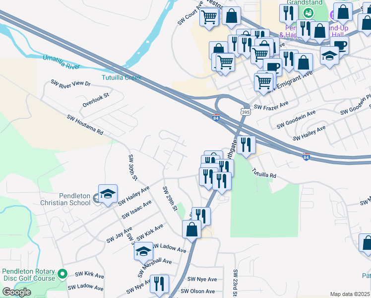 map of restaurants, bars, coffee shops, grocery stores, and more near 2700 Southwest Goodwin Avenue in Pendleton