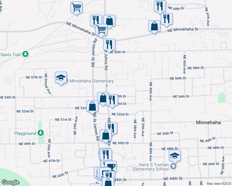 map of restaurants, bars, coffee shops, grocery stores, and more near 3417 Northeast 54th Street in Vancouver