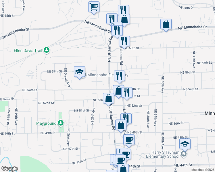 map of restaurants, bars, coffee shops, grocery stores, and more near 5416 Northeast Saint James Road in Vancouver
