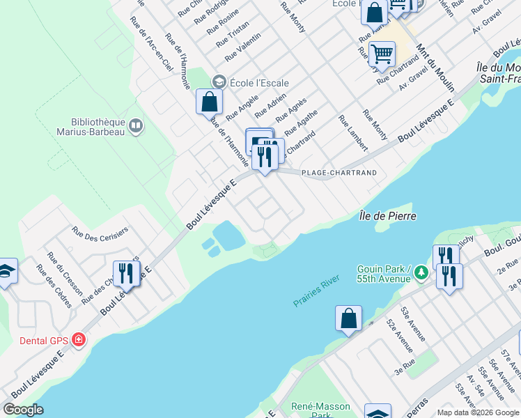 map of restaurants, bars, coffee shops, grocery stores, and more near 8010 Rue des Amis in Laval