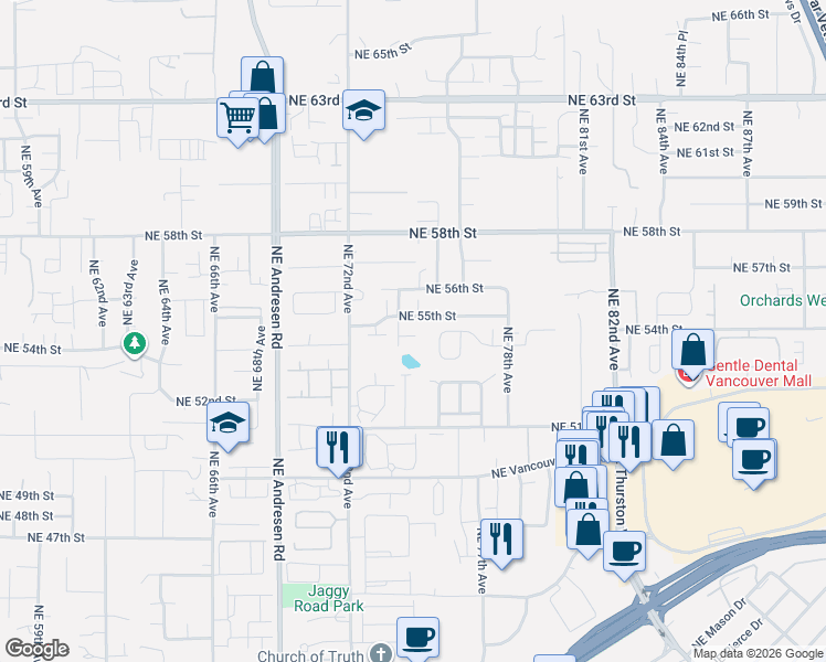 map of restaurants, bars, coffee shops, grocery stores, and more near 7414 Northeast 54th Circle in Vancouver