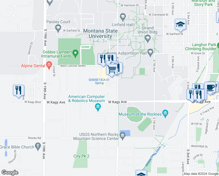 map of restaurants, bars, coffee shops, grocery stores, and more near 1711 S 11th Ave in Bozeman