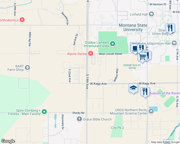 map of restaurants, bars, coffee shops, grocery stores, and more near 1755 South 19th Avenue in Bozeman
