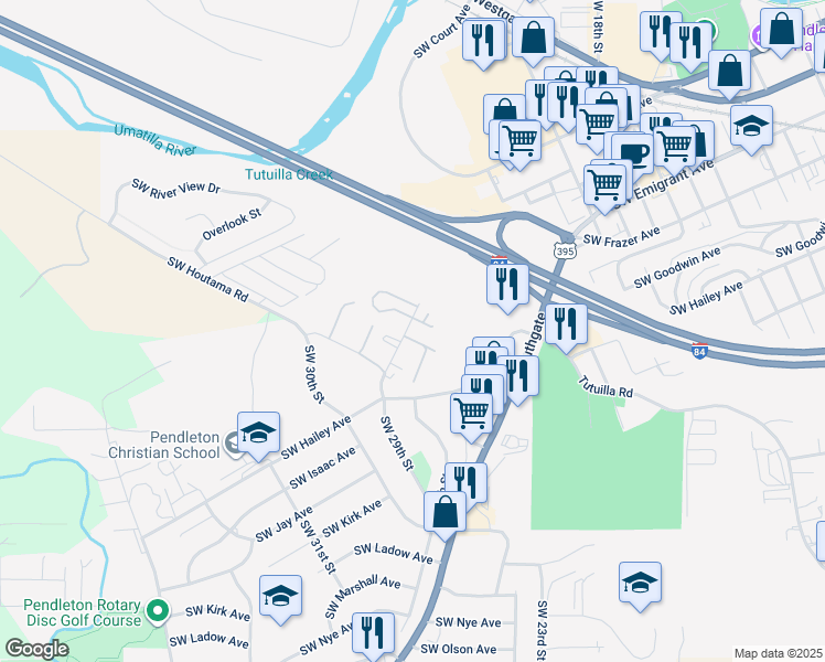 map of restaurants, bars, coffee shops, grocery stores, and more near 52 Southwest Goodwin Avenue in Pendleton