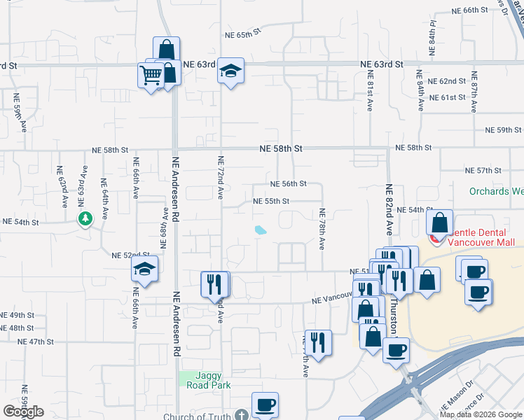 map of restaurants, bars, coffee shops, grocery stores, and more near 7414 Northeast 54th Circle in Vancouver