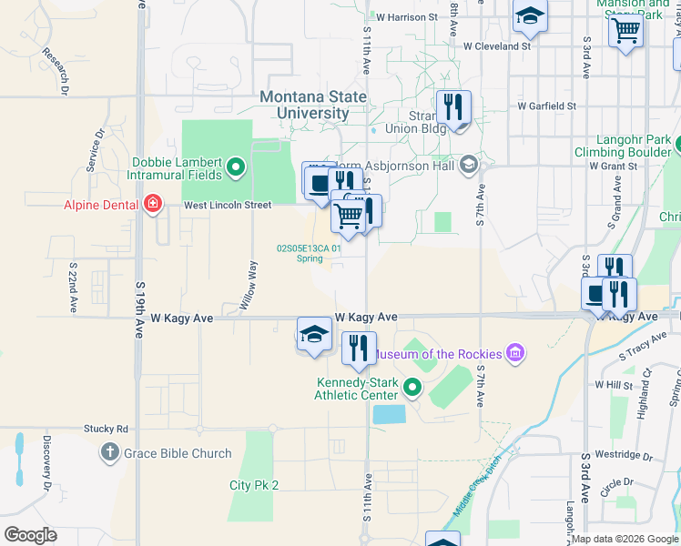 map of restaurants, bars, coffee shops, grocery stores, and more near 1711 S 11th Ave in Bozeman