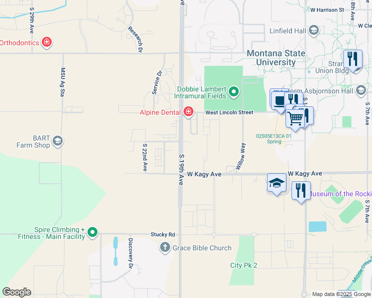map of restaurants, bars, coffee shops, grocery stores, and more near 1714 South 19th Avenue in Bozeman