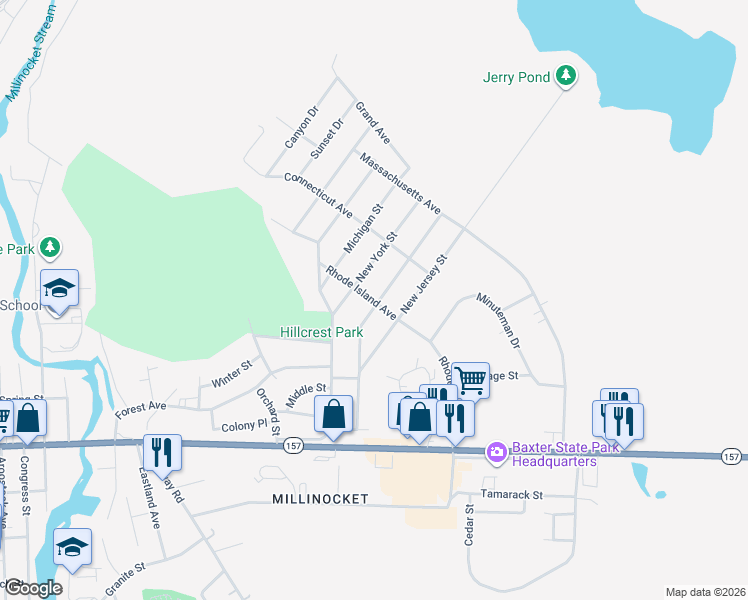 map of restaurants, bars, coffee shops, grocery stores, and more near 104 Ohio Street in Millinocket