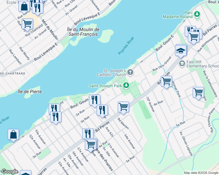map of restaurants, bars, coffee shops, grocery stores, and more near 9940 Boulevard Gouin Est in Montréal