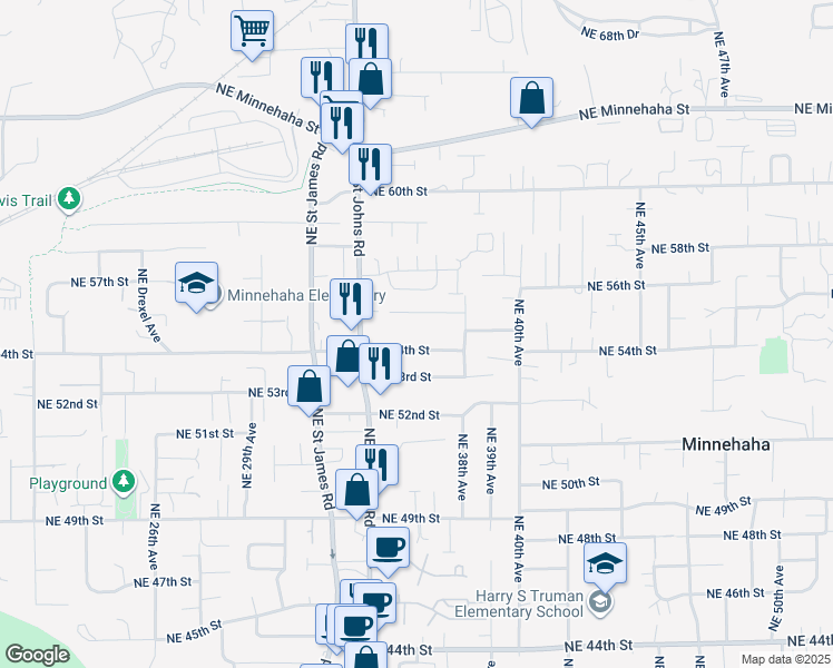map of restaurants, bars, coffee shops, grocery stores, and more near 3606 Northeast 54th Street in Vancouver