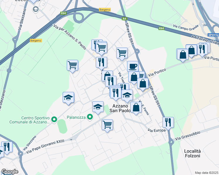 map of restaurants, bars, coffee shops, grocery stores, and more near 21 Via Roma in Azzano San Paolo