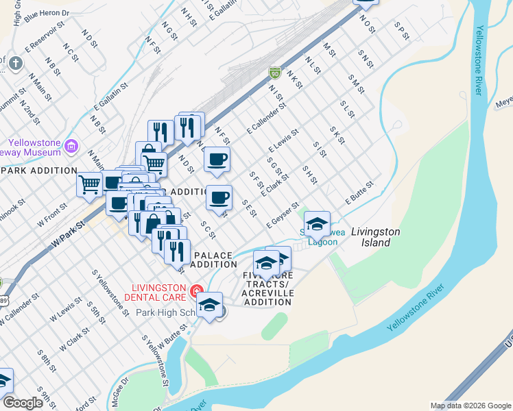 map of restaurants, bars, coffee shops, grocery stores, and more near 300-312 S E St in Livingston