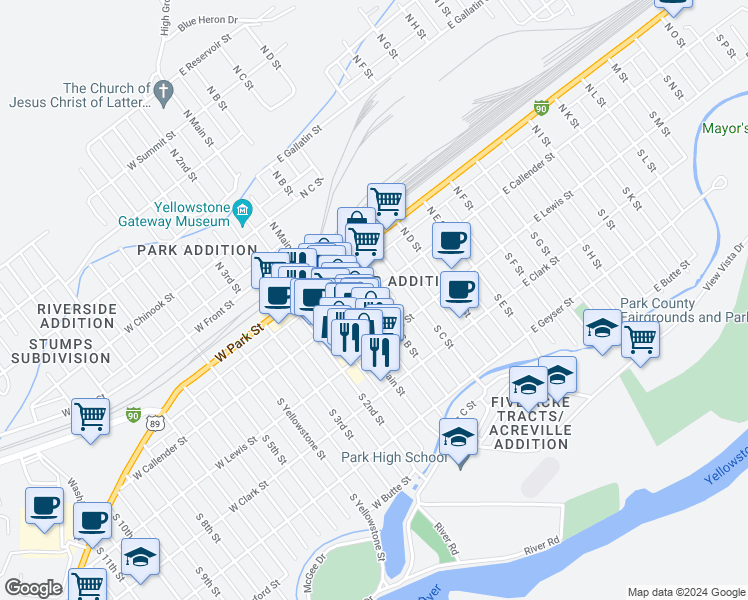 map of restaurants, bars, coffee shops, grocery stores, and more near 120 East Callender Street in Livingston