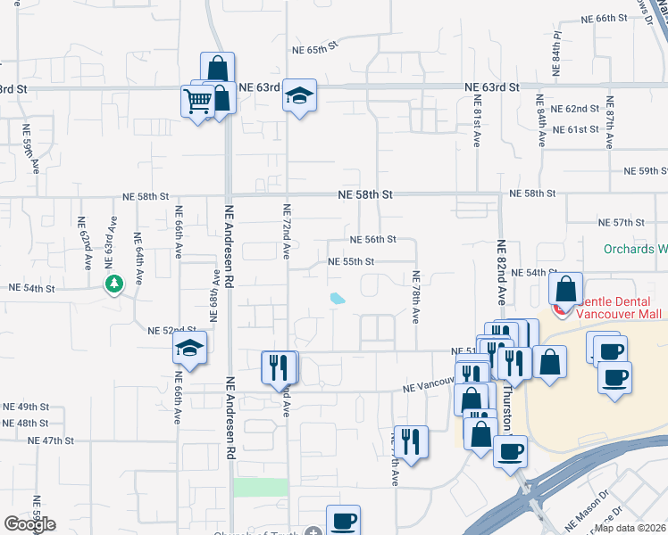 map of restaurants, bars, coffee shops, grocery stores, and more near 7407 Northeast 55th Street in Vancouver
