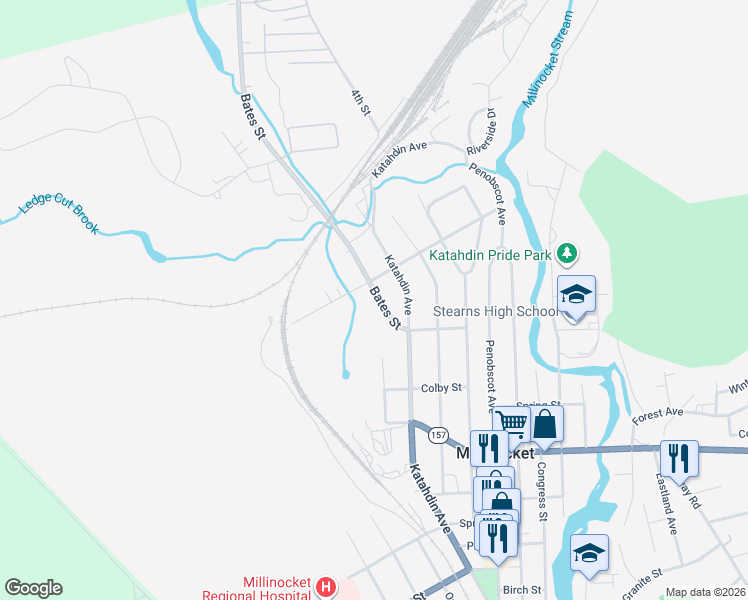 map of restaurants, bars, coffee shops, grocery stores, and more near 86 Bates Street in Millinocket