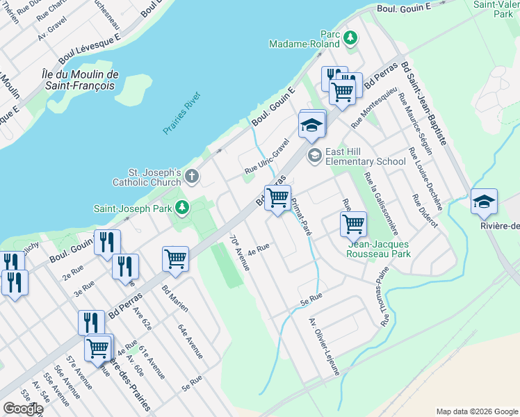 map of restaurants, bars, coffee shops, grocery stores, and more near 10166 Boulevard Perras in Montréal