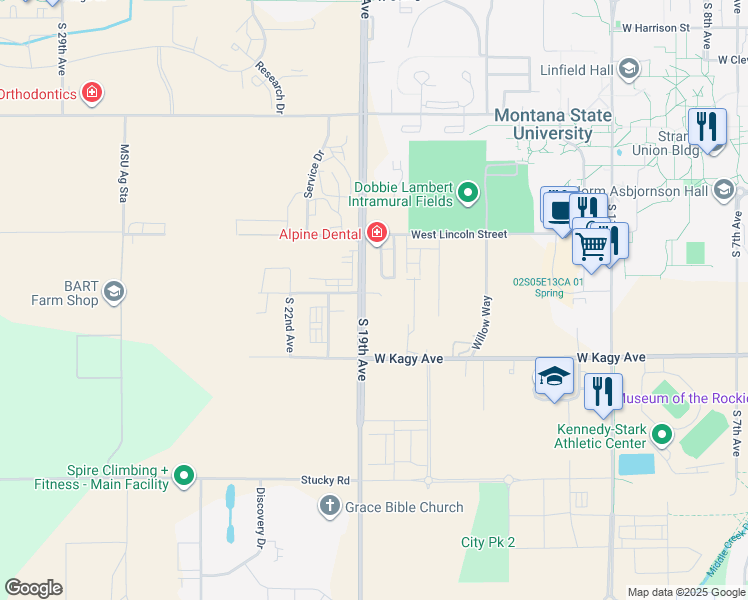 map of restaurants, bars, coffee shops, grocery stores, and more near 1755 South 19th Avenue in Bozeman