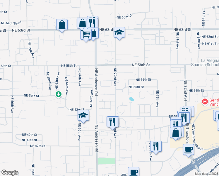 map of restaurants, bars, coffee shops, grocery stores, and more near 5319 Northeast 72nd Avenue in Vancouver