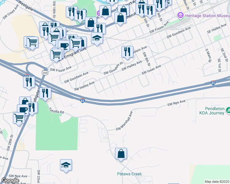map of restaurants, bars, coffee shops, grocery stores, and more near 814 Southwest 14th Street in Pendleton
