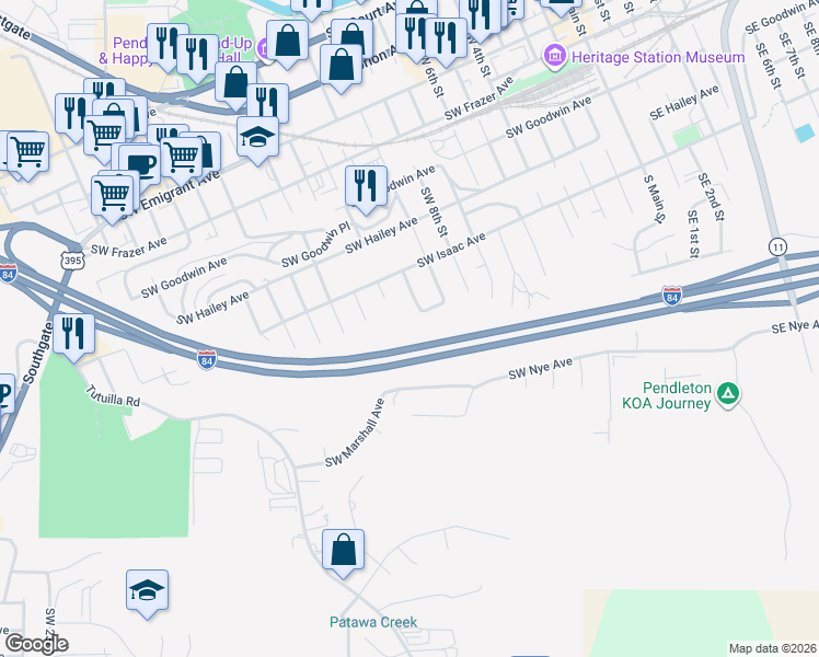 map of restaurants, bars, coffee shops, grocery stores, and more near 1035 Southwest Marshall Avenue in Pendleton