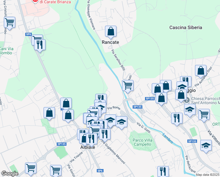 map of restaurants, bars, coffee shops, grocery stores, and more near 7 Via Malpensata in Albiate
