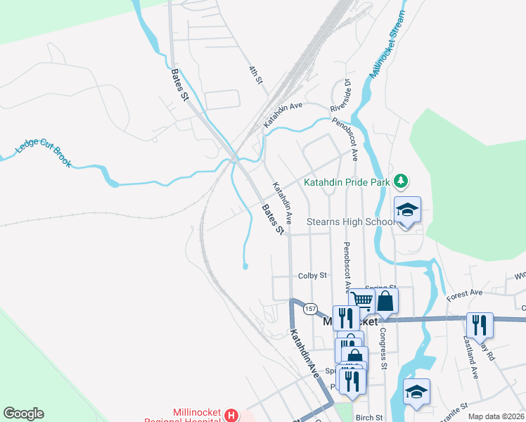 map of restaurants, bars, coffee shops, grocery stores, and more near 86 Bates Street in Millinocket
