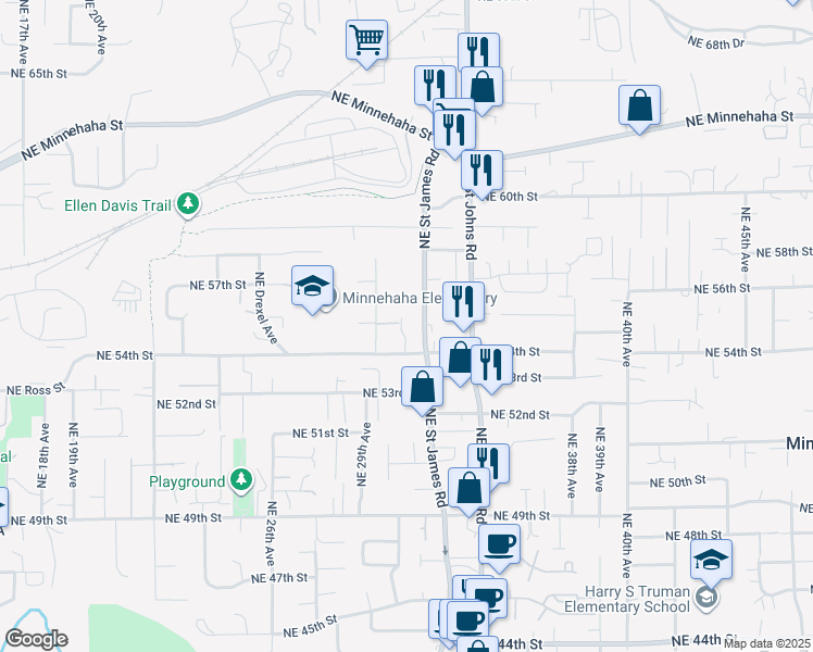 map of restaurants, bars, coffee shops, grocery stores, and more near 5416 Northeast Saint James Road in Vancouver