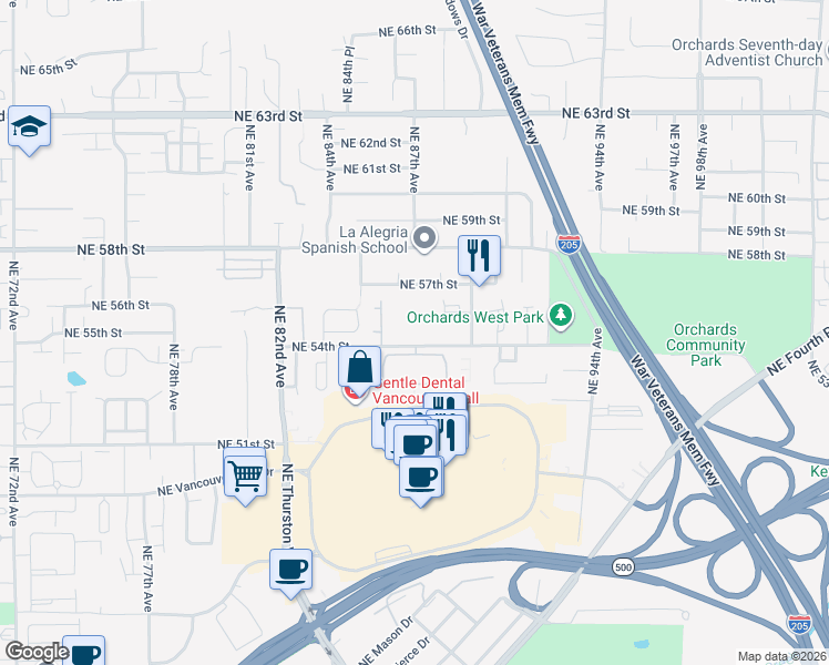 map of restaurants, bars, coffee shops, grocery stores, and more near 8778 Northeast 54th Street in Vancouver