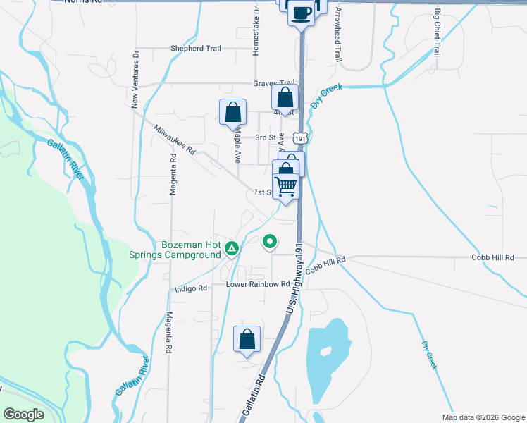 map of restaurants, bars, coffee shops, grocery stores, and more near 81213 Gallatin Road in Bozeman