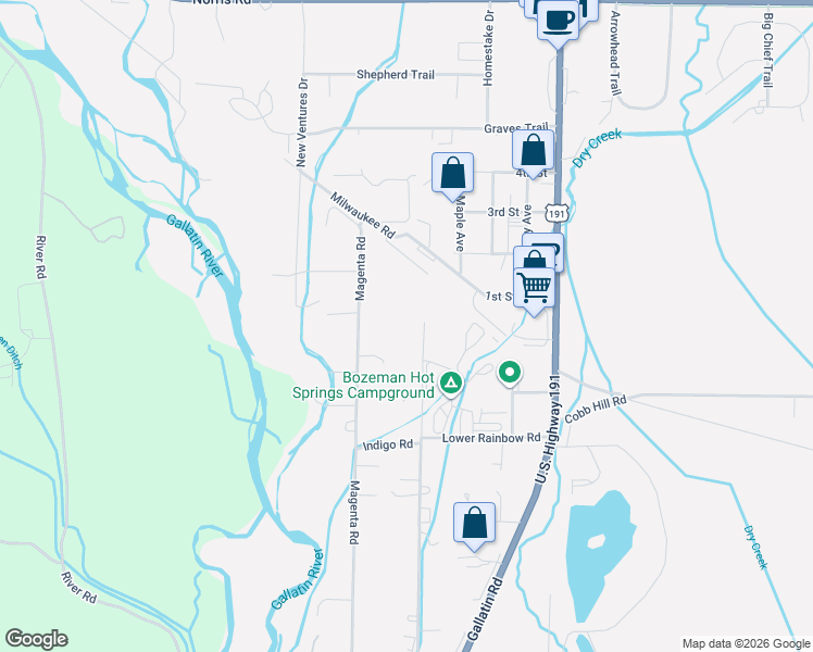 map of restaurants, bars, coffee shops, grocery stores, and more near 3761 Azure Road in Bozeman