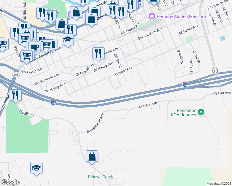 map of restaurants, bars, coffee shops, grocery stores, and more near 1035 Southwest Marshall Avenue in Pendleton
