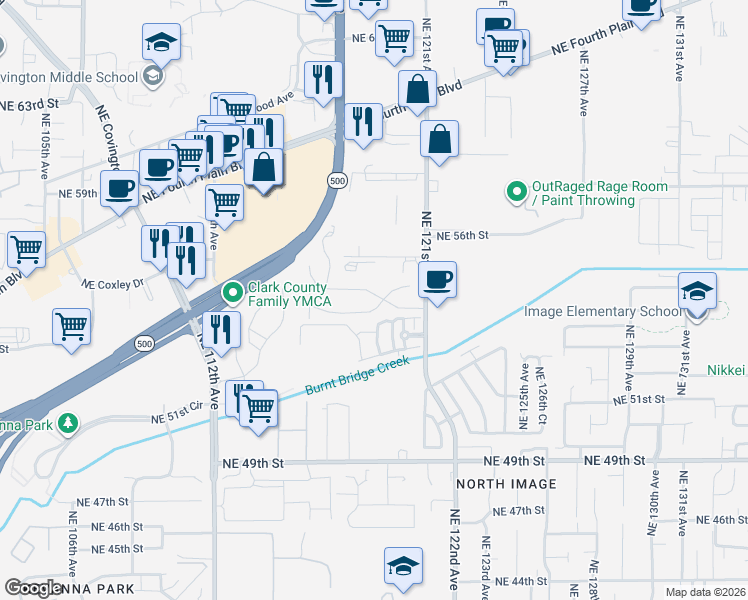 map of restaurants, bars, coffee shops, grocery stores, and more near 5404 Northeast 121st Avenue in Vancouver
