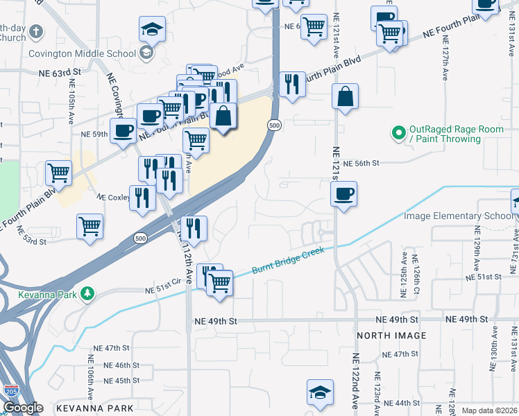 map of restaurants, bars, coffee shops, grocery stores, and more near 5264 Northeast 121st Avenue in Vancouver