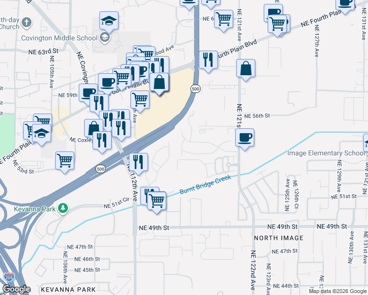 map of restaurants, bars, coffee shops, grocery stores, and more near 5264 Northeast 121st Avenue in Vancouver