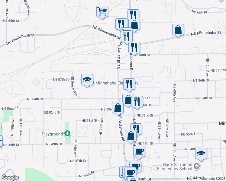 map of restaurants, bars, coffee shops, grocery stores, and more near 5416 Northeast Saint James Road in Vancouver