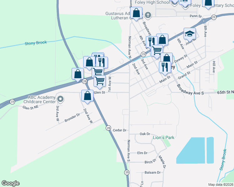 map of restaurants, bars, coffee shops, grocery stores, and more near 50 Glen Street in Foley