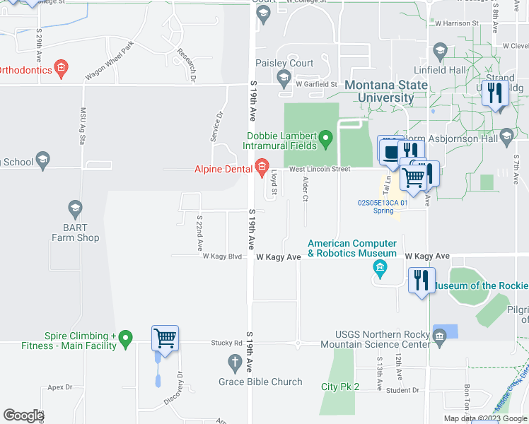 map of restaurants, bars, coffee shops, grocery stores, and more near 1816 Remington Way in Bozeman