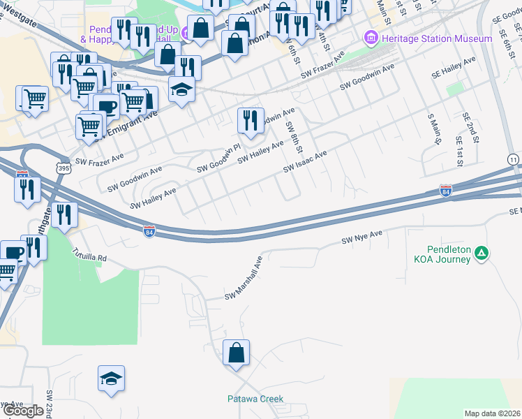 map of restaurants, bars, coffee shops, grocery stores, and more near 821 Southwest 12th Street in Pendleton