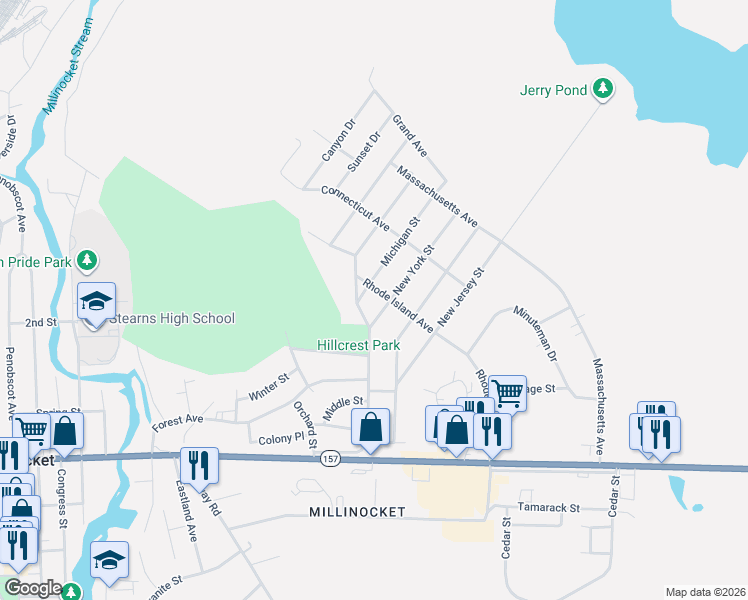 map of restaurants, bars, coffee shops, grocery stores, and more near 112 Cottage Road in Millinocket