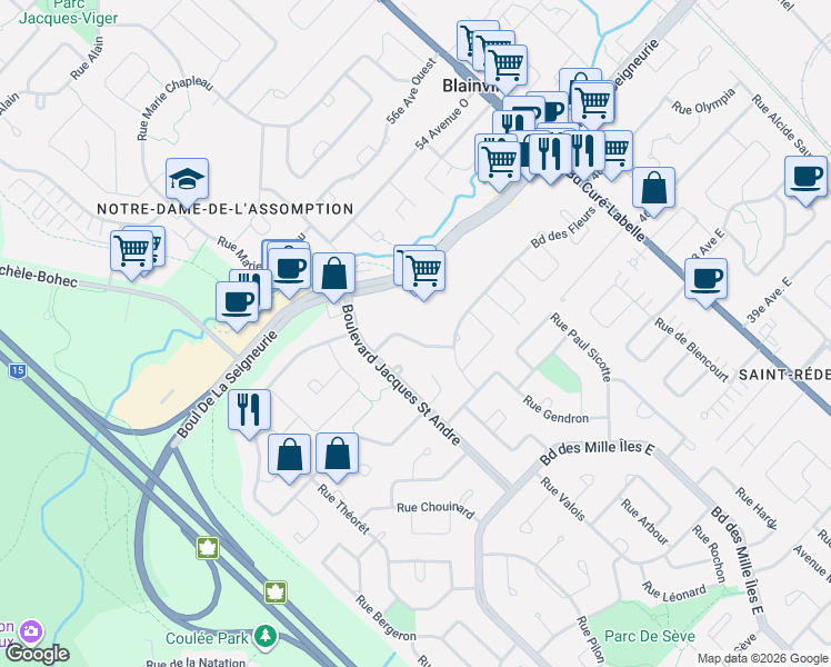 map of restaurants, bars, coffee shops, grocery stores, and more near 11 Rue des Jonquilles in Blainville
