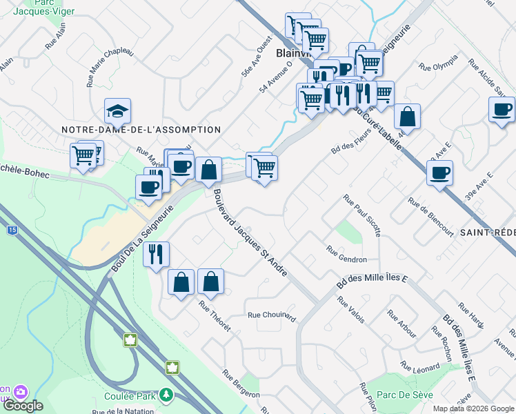 map of restaurants, bars, coffee shops, grocery stores, and more near 11 Rue des Jonquilles in Blainville